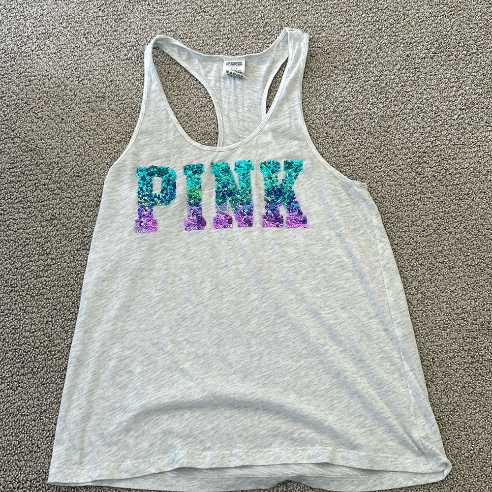 PINK sequin women’s gray tank top